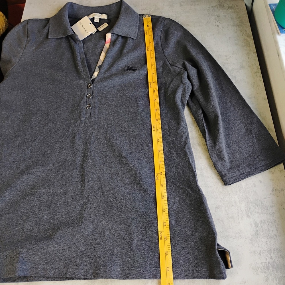 Burberry London Polo Shirt Womens XL Gray Check Trim 3/4 Sleeves Preppy Classic - Picture 9 of 10
